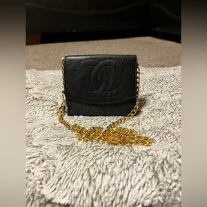 Black Chanel leather wallet on a chain authentic